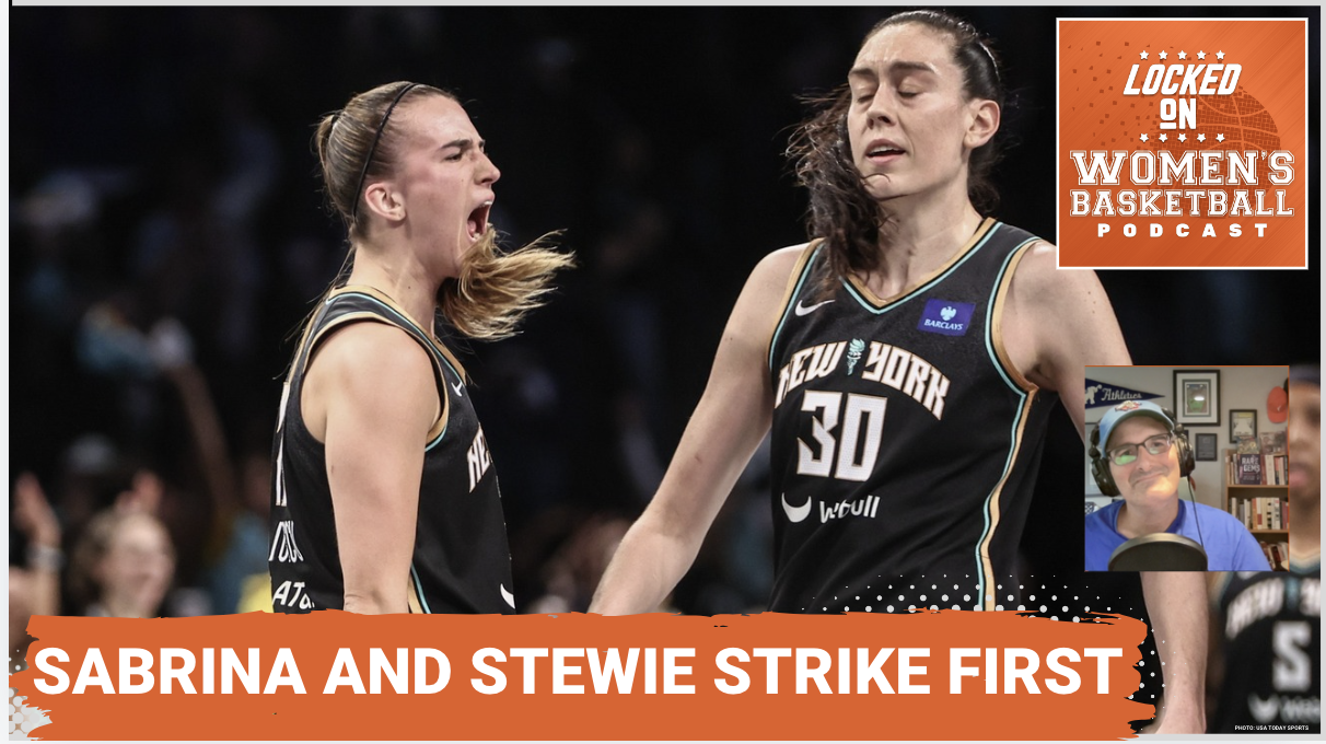 Sabrina Ionescu celebrates on the court for the New York Liberty next to Breanna Stewart.